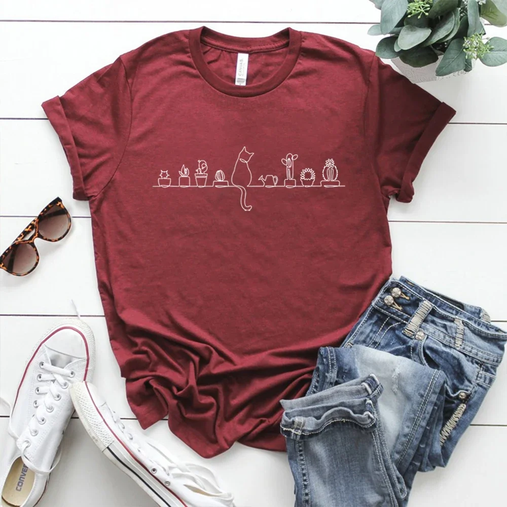 Camiseta con estampado de gatos y plantas, camisa de manga corta para amantes de las plantas, regalo creativo para mamá