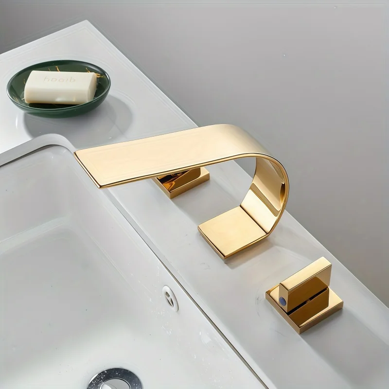 3 Pieces Brush And Gold Deck Mounted Waterfall Wide Spout Double Handles Bath Bathtub Faucet Bathroom Mixer Tap