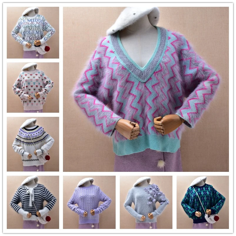 

Женский Mujer осень-зима корейский модный цветной цветок волосатый ангорский кролик волосы с круглым вырезом и длинным рукавом свободный пуловер свитер джемпер