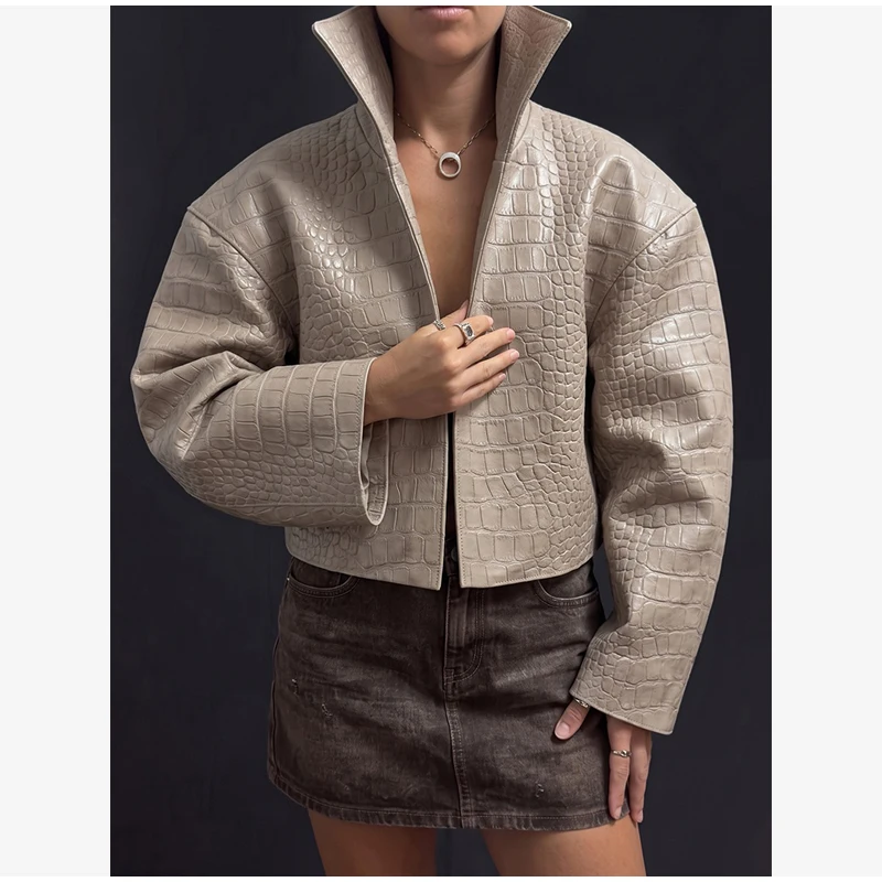 Crocodile Embossed Faux Leather Long Jackets Chic Wide Lapel Belted Waist Quarter Sleeve Loose Coat Women Street Chic Outfits