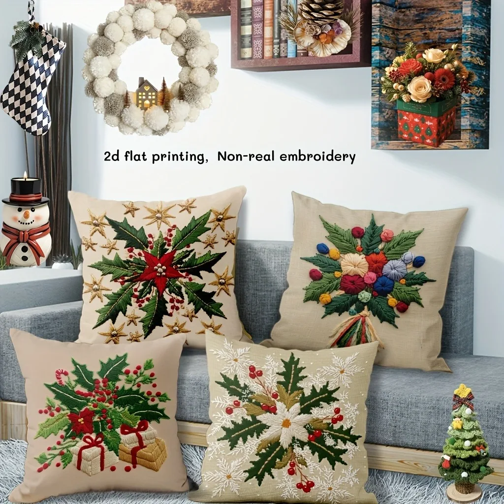 Navidad bordada y pintada: fruta roja, flores de colores, copos de nieve, caja de regalo, funda de almohada, impresión plana 2d