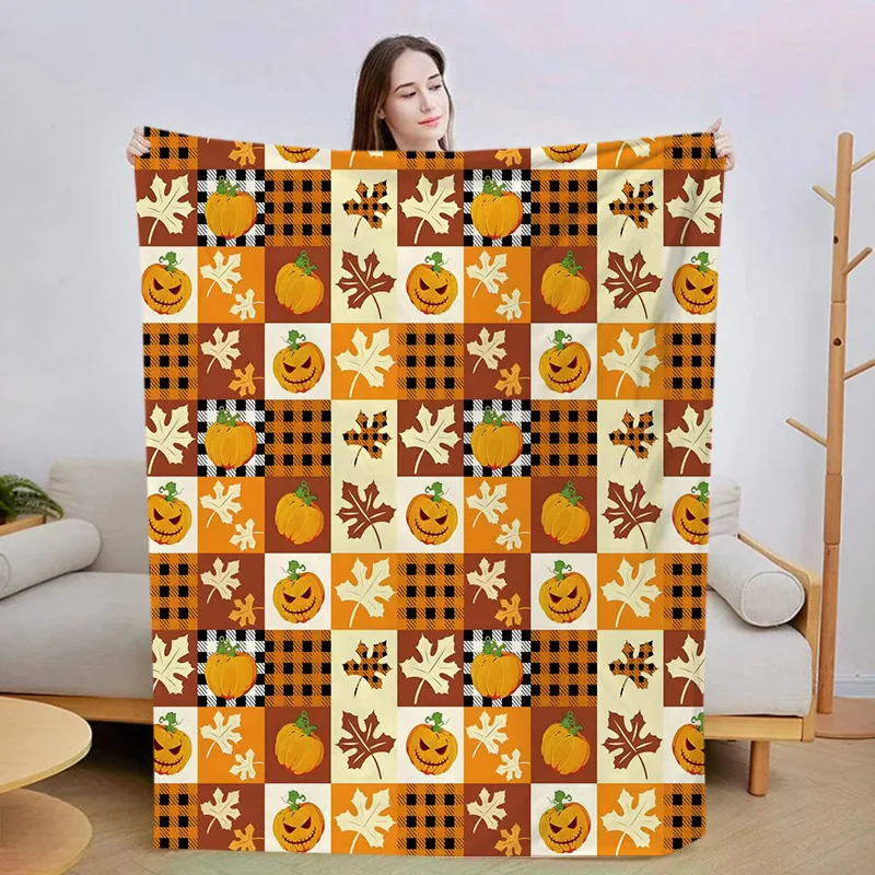 Spooky Halloween Blanket Cute Ghost Purple Plaid Floral Pattern Cozy Throw For Luxury Living Room Sofa Bed Couch Home Decoration