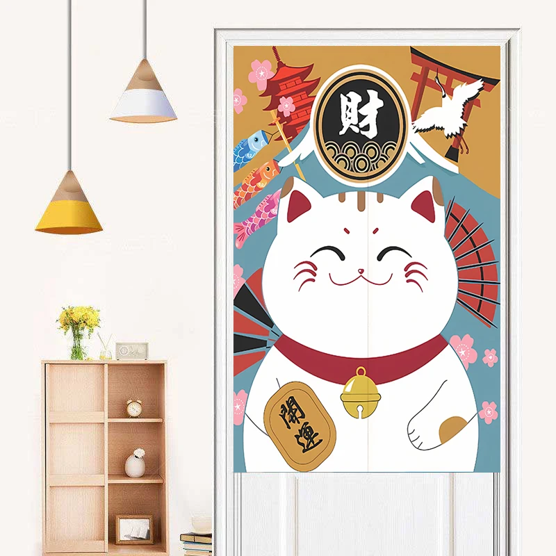 Rideau de porte imprimé chat porte-bonheur de style japonais, cloison de porte de cuisine, rideaux décoratifs, entrée de restaurant, demi-rideau, 73