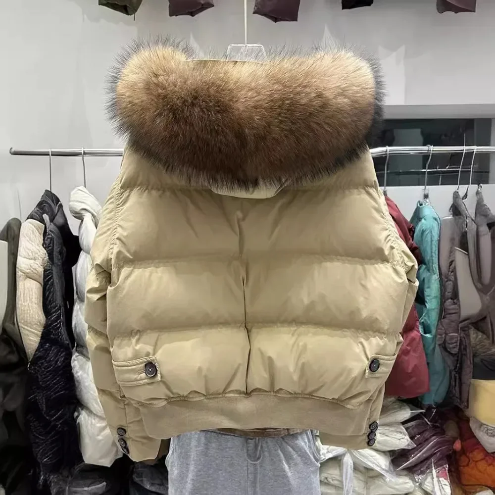 2025 New Winter White Duck Down Jacket Women Real Raccoon  Collar Coat Female Short Warm Real  Down Coat Zipper Button