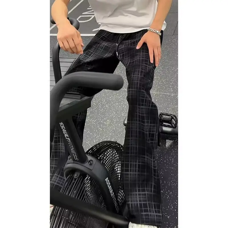 Retro American Style Men's Corduroy Sporty Straight Leg Pants Autumn Spring Checkered Fitness Casual Long Trousers