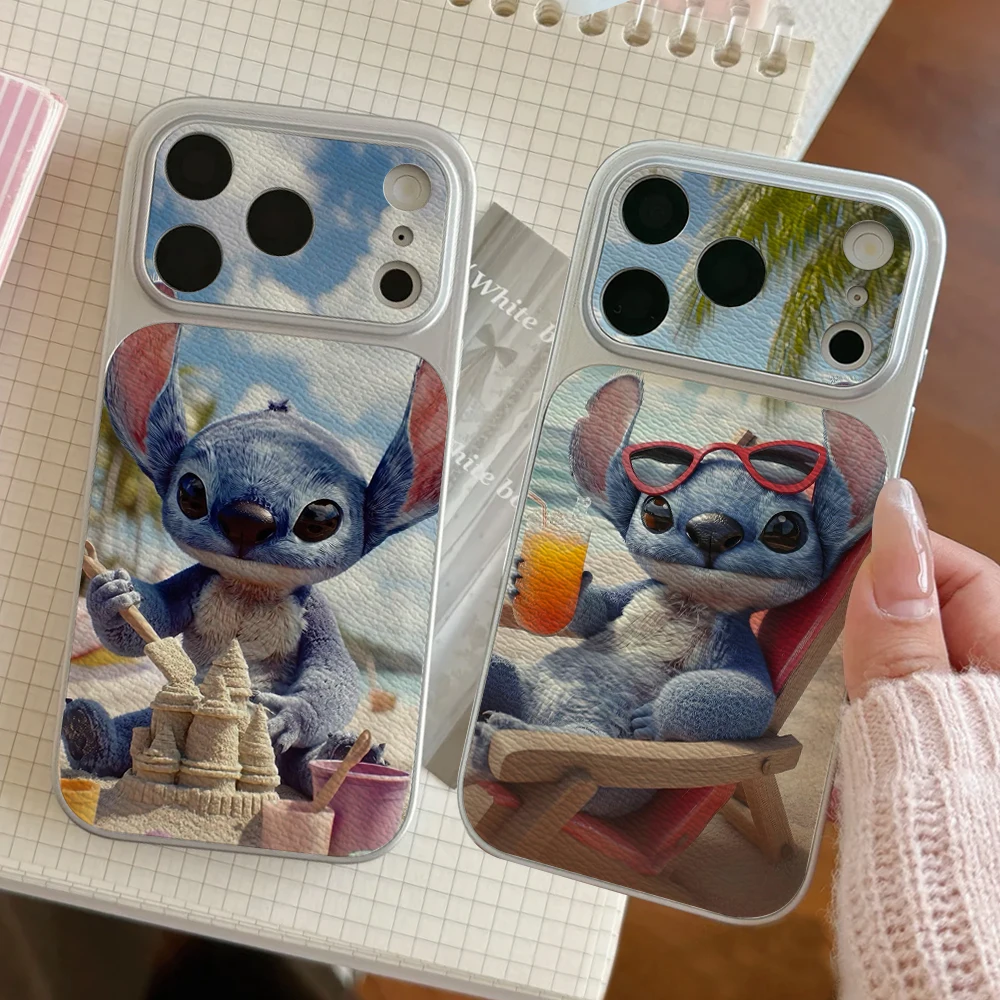 

Disney Lilo Stitch Couples Phone Case For IPhone 17 16 15 14 Electroplated Leather Shockproof Phone Accessories 13 12 11 Casing