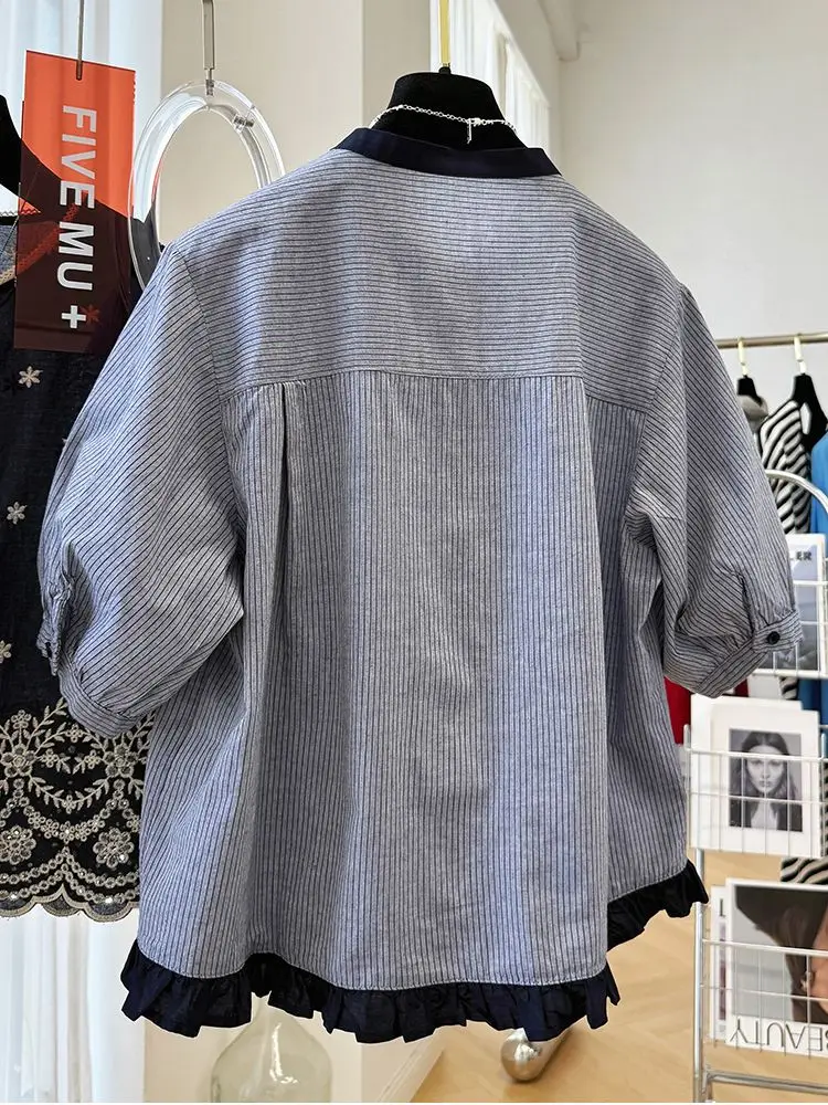 

Contrasting Striped Short Sleeved Shirt for Women's Summer Causal Top Camisas De Mujer