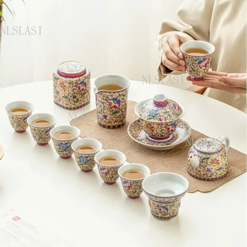 Enamel Colors Ceramic Tea Set Household High End Teapot Tea Tasting Cup Kungfu Teaset Fairness Cup Drinking Utensils Lidded Bowl