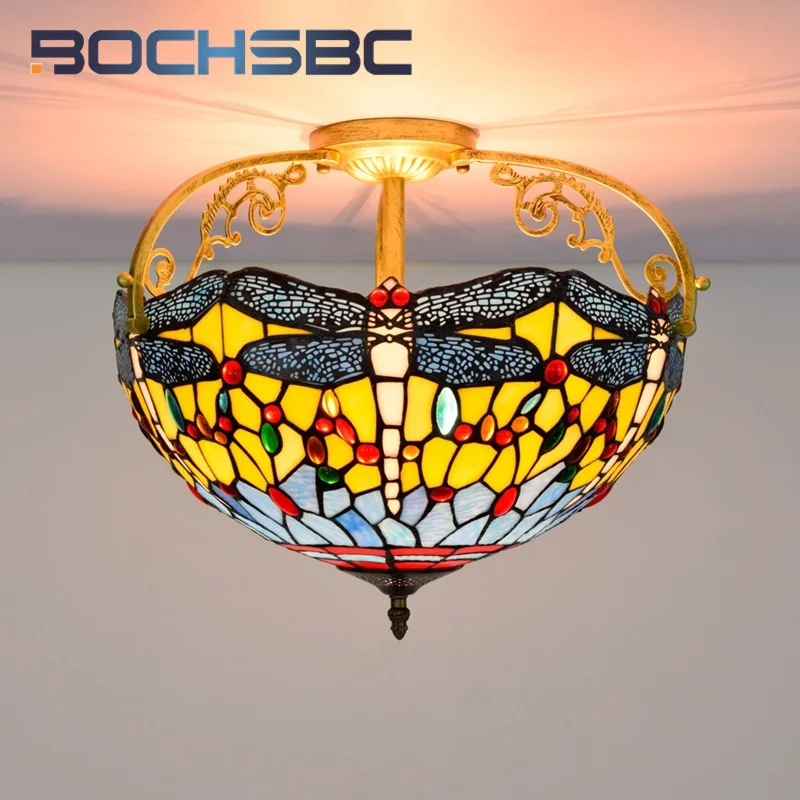 BOCHSBC Tiffany Pastoral 16inch Dragonfly stained glass overhead light deco the dining room aisle hallway bathroom ceiling light