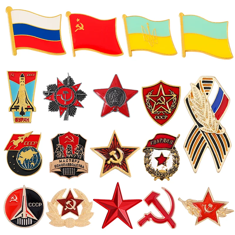 Russian Flag Brooch Ribbon Sign Badge With USSR Symbol Badge Patriotism Red Star Victory Day Lapel Pins Icon Backpack Decorative