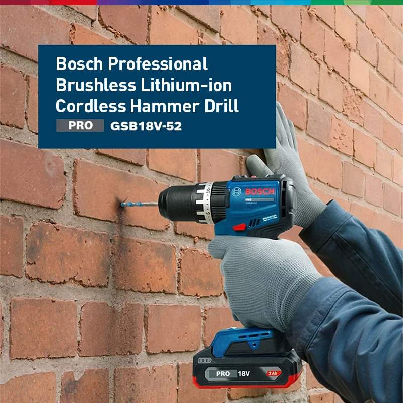 Bosch GSB18V-52 Professional Brushless 18V Cordless Impact Drill 52Nm, 2-Speed Control, Metal 3-Jaw Chuck, LED Light