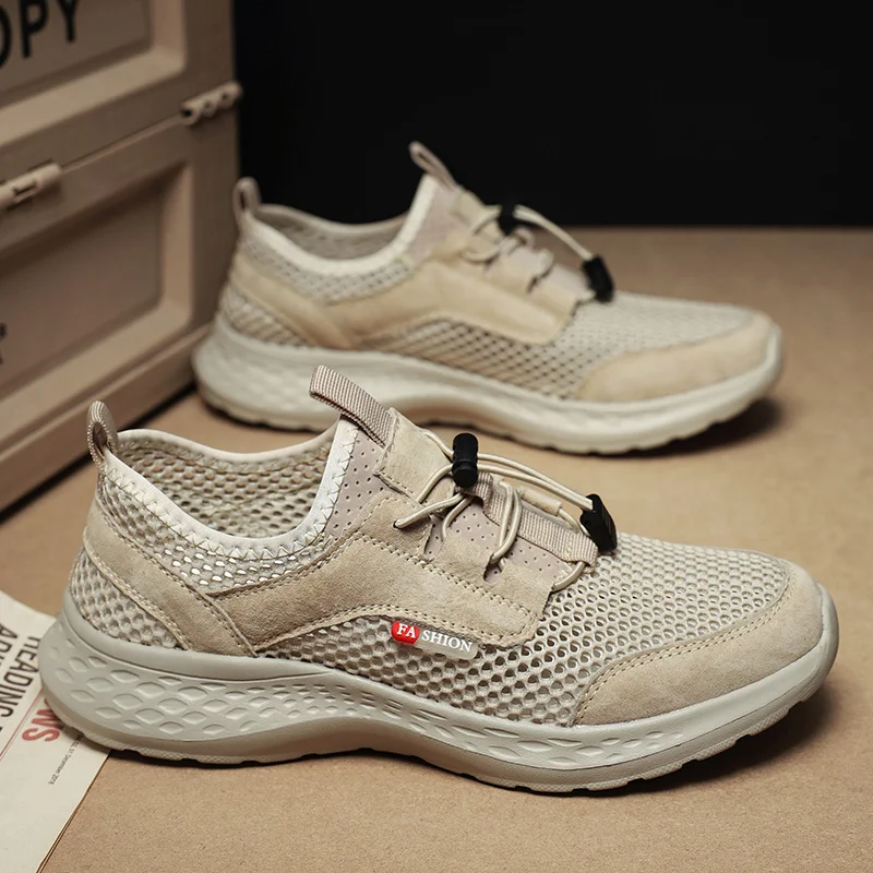 

Ultra-light men's footwear 2026 Summer breathable genuine leather & air mesh soft casual shoes man round toe khaki Anti-slip