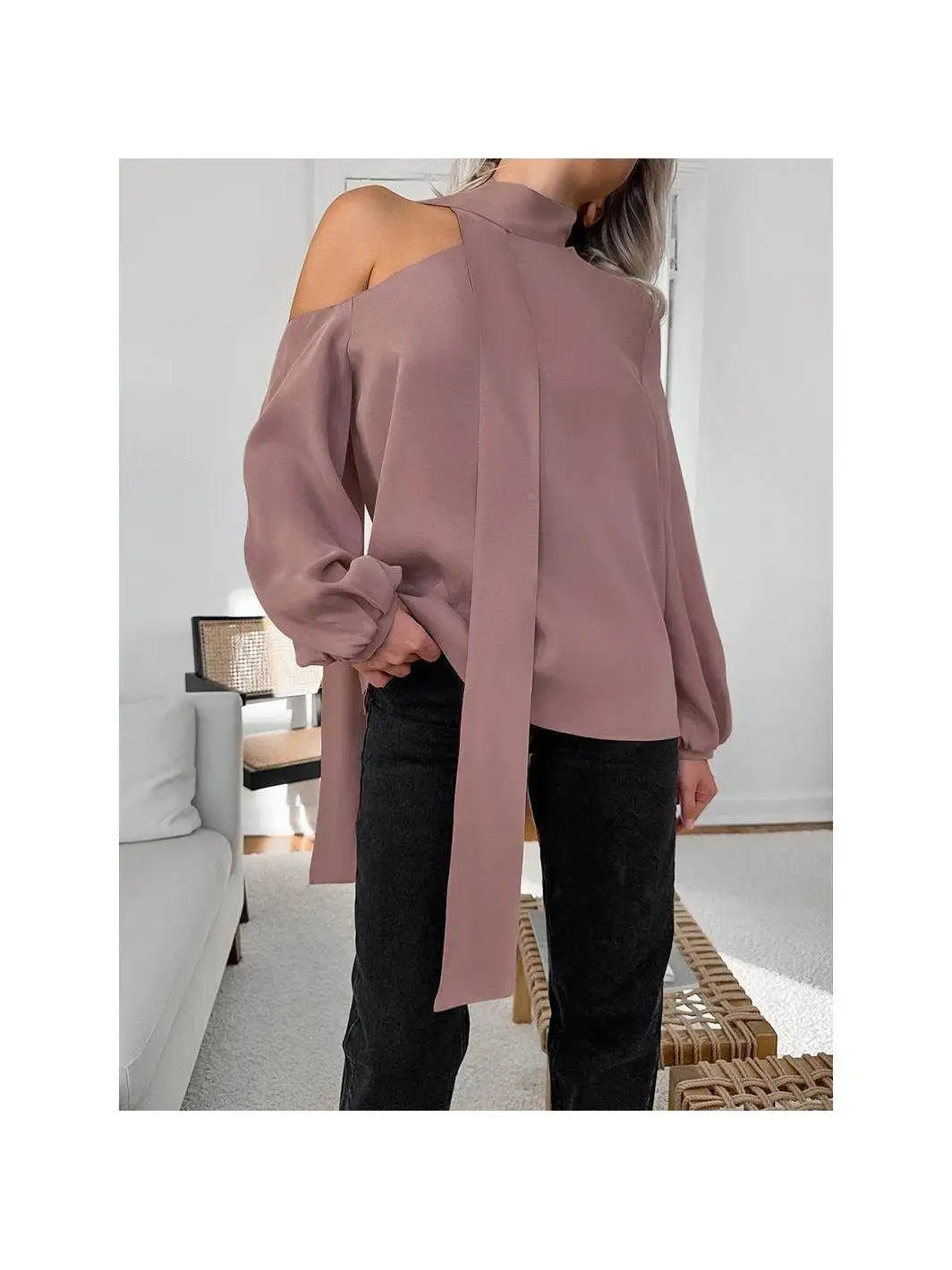 

Sexy Off-oulder Long Sve irt Faionable New Top Casual Sle Knot Linen And Hemp Fabric Warmth for Women