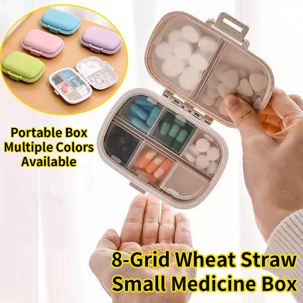Portable 8-Grid Pill Organizer, Wheat Straw Small Pill Box, Travel Pill Case with Seal Design, Daily Vitamin Container for Pocke