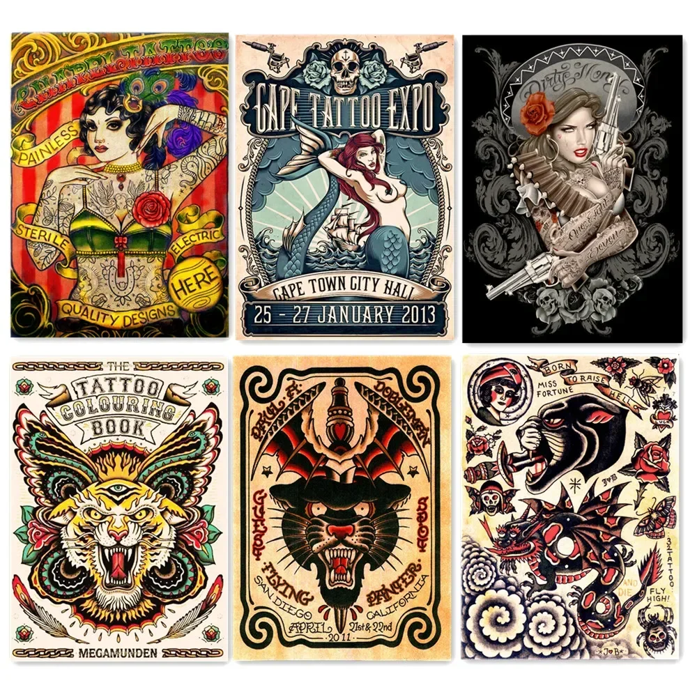 Vintage Matte kraft Paper Print Painting Art Work Wall Decor Variety of Mixed Tattoos illustration Wallpaper Wall Art Poster  A1