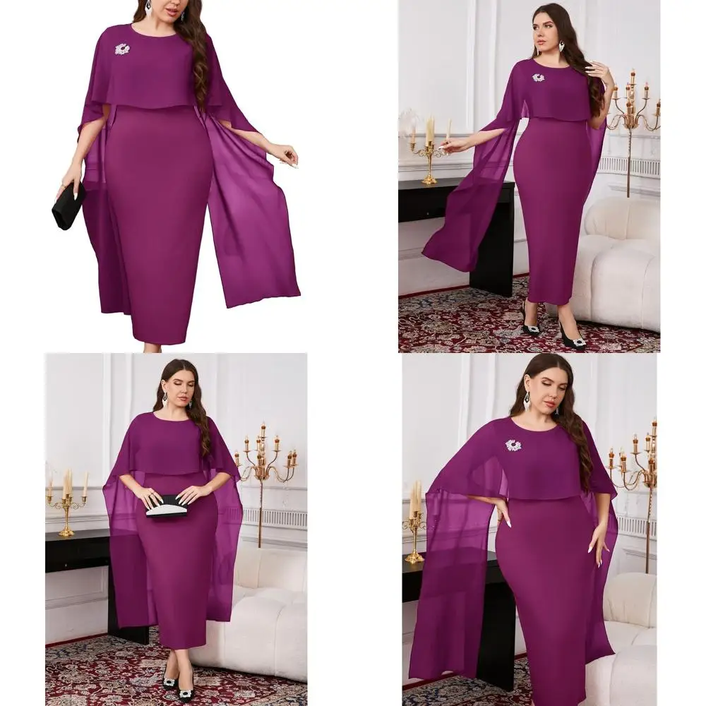 

Elegant Chiffon Cape Maxi Dress for Plus Size, Crew Neck, Pencil Style, Ideal for Weddings and Cocktail Events