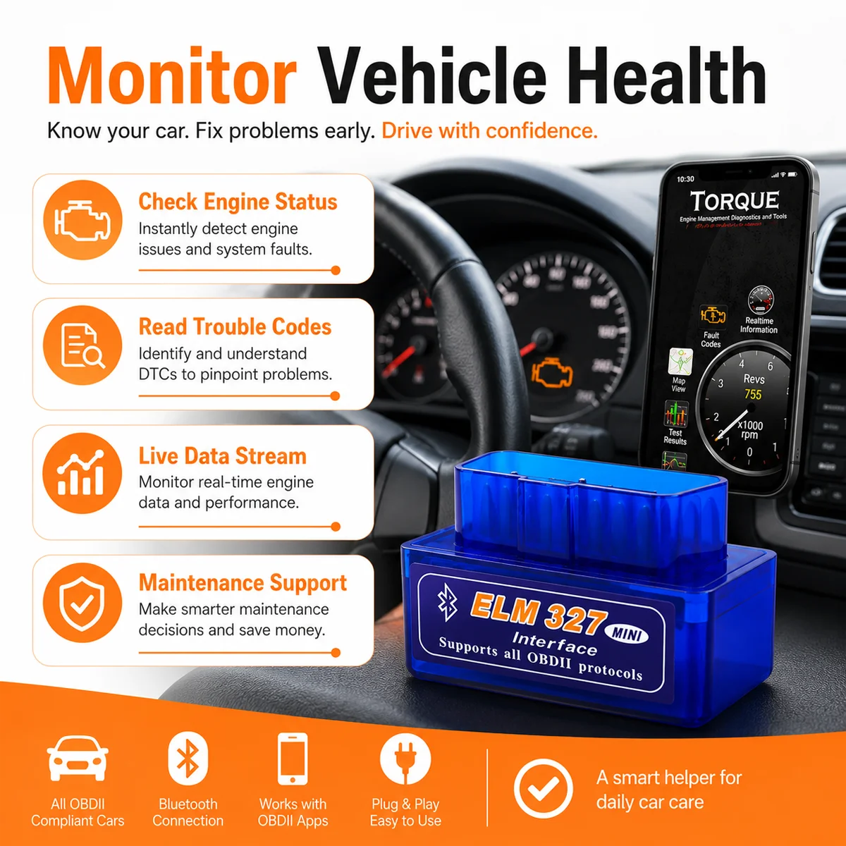 Yitong Bluetooth ELM327 OBDII Scanner Mini Vehicle Diagnostic Tool Engine Fault Code Reader Auto Accessories Tool Adapter