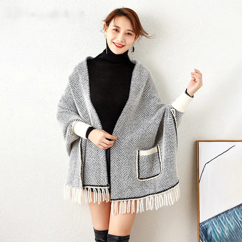 

Striped Cloak Oversize Autumn Winter Knitted Poncho Coat Women Cardigan Street Wear Long Batwing Sleeves Shawl Capes With Pocket