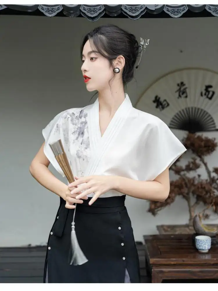 Chinese Stijl Inkt Schilderij Hanfu Jurk Pak Cross Kraag Blouse Zwarte Parel Paard Gezicht Rok Origineel En Verbeterde Moderne Hanfu