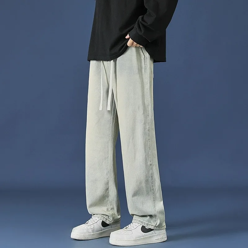 アメリカンスレ マッドカラー レディースジーンズ 2024年春新作 エラスティックウエスト ドローストリング カジュアル ワイドレッグ ストレート ハイストリートパンツ