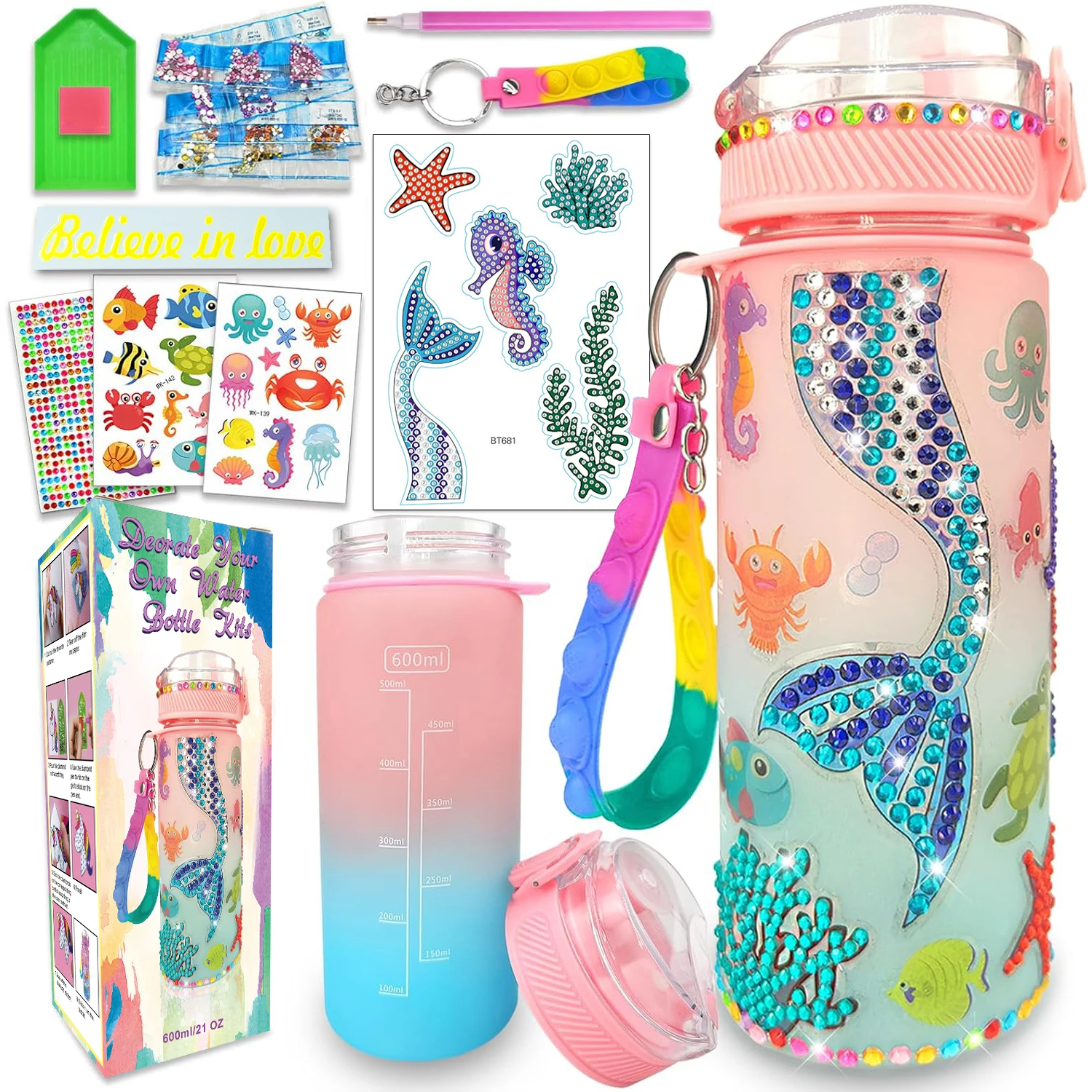 DIY Water Bottle Craft Kit for Kids, Decorative Painting Art Set, Creative Handmade Toys Birthday Gift for Girls
