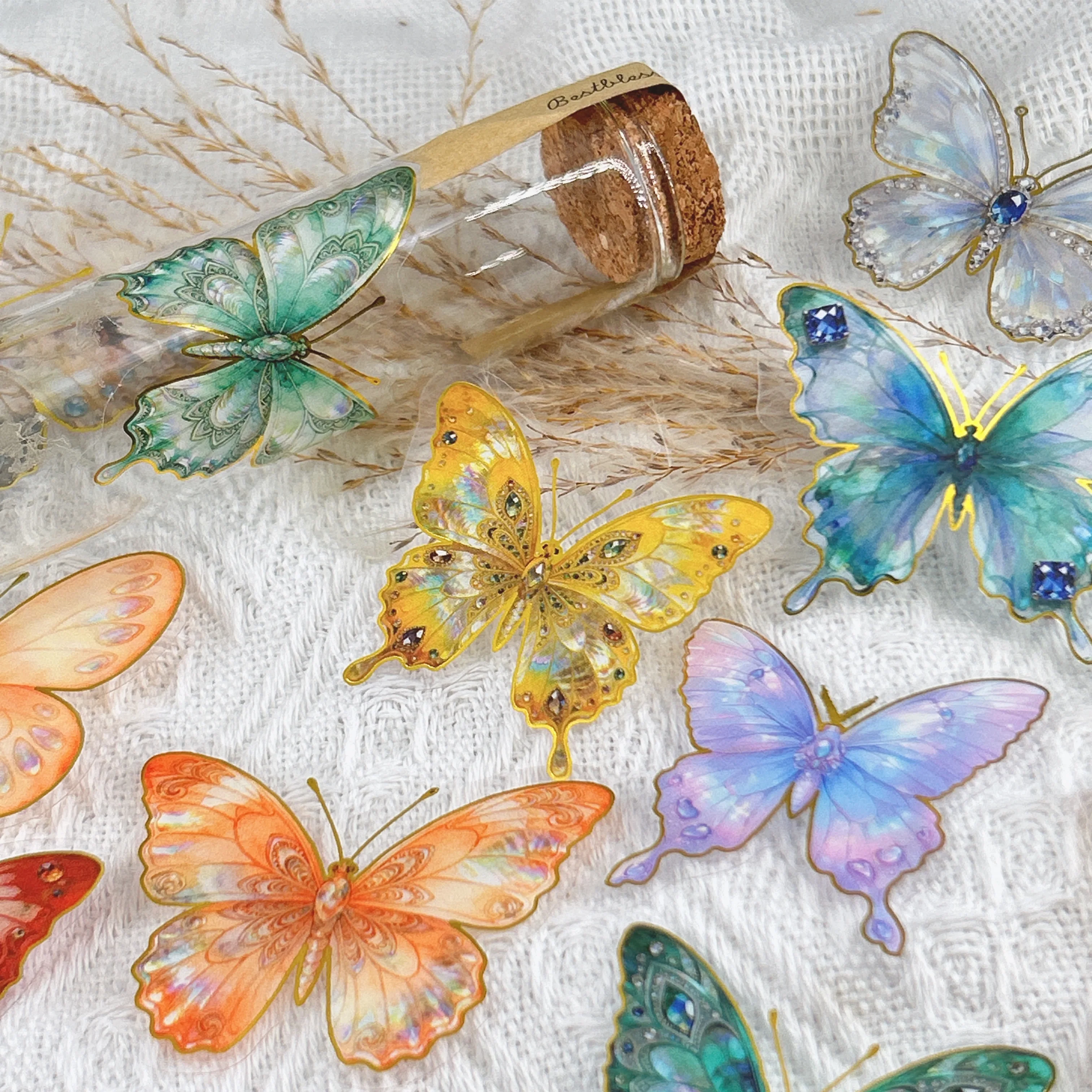 

50Pcs Colorful Jewel Butterfly Hot Stamping Sticker Pack Waterproof Transparent PET Decor Guitar Laptop Notebook Stickers Decal