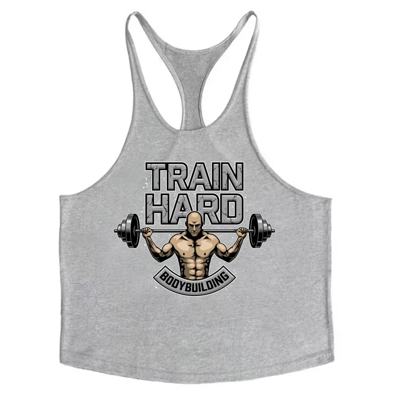 Men's Bodybuilding Stringer Vest - Train Hard & Barbell Print, Cotton Fabric, Y - Back Style, Perfect for Gym Workouts