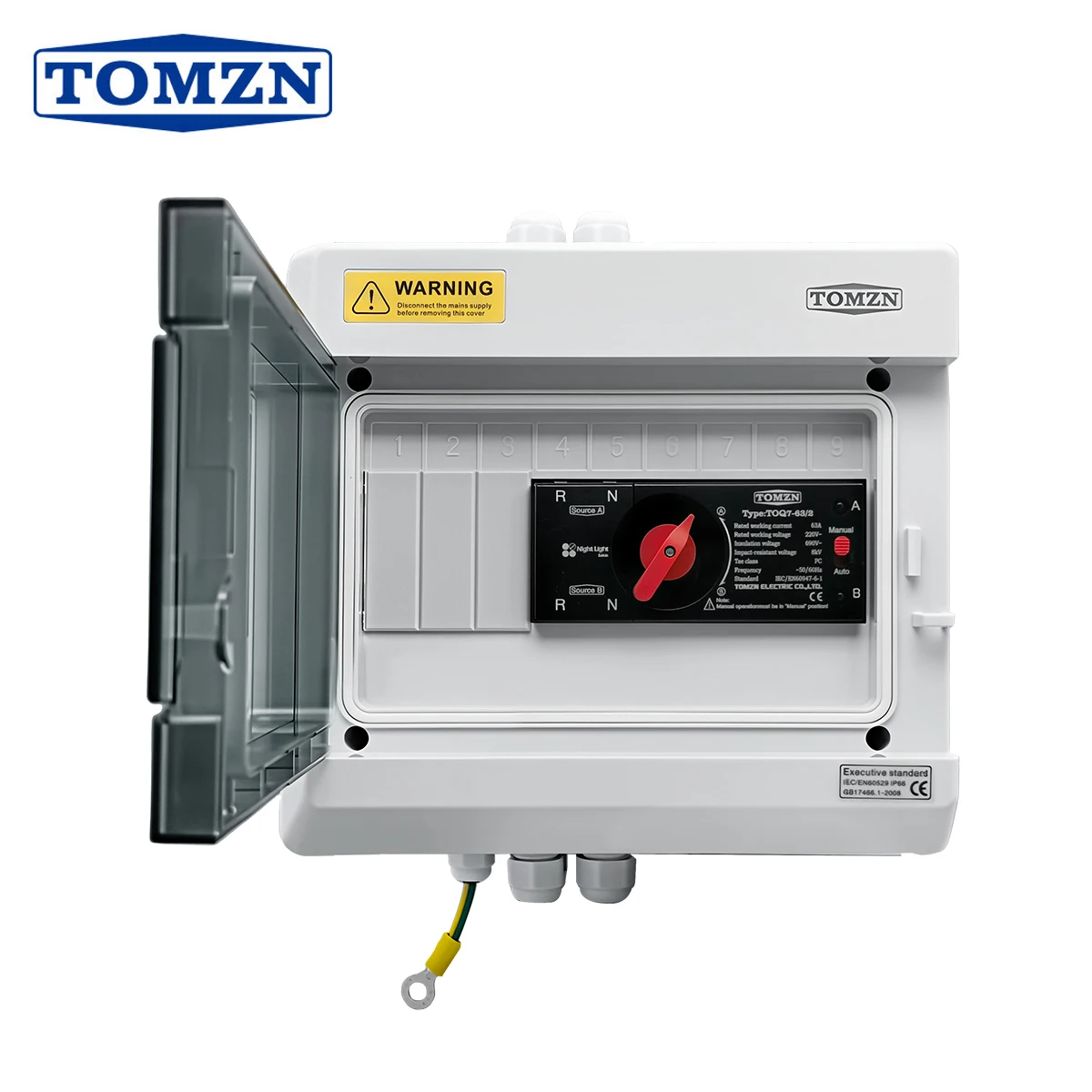 TOMZN Dual Power Automatic Transfer Switch Distribution Box 2P 230V 63A IP65 Waterproof Dustproof Outdoor Rated Connection Box