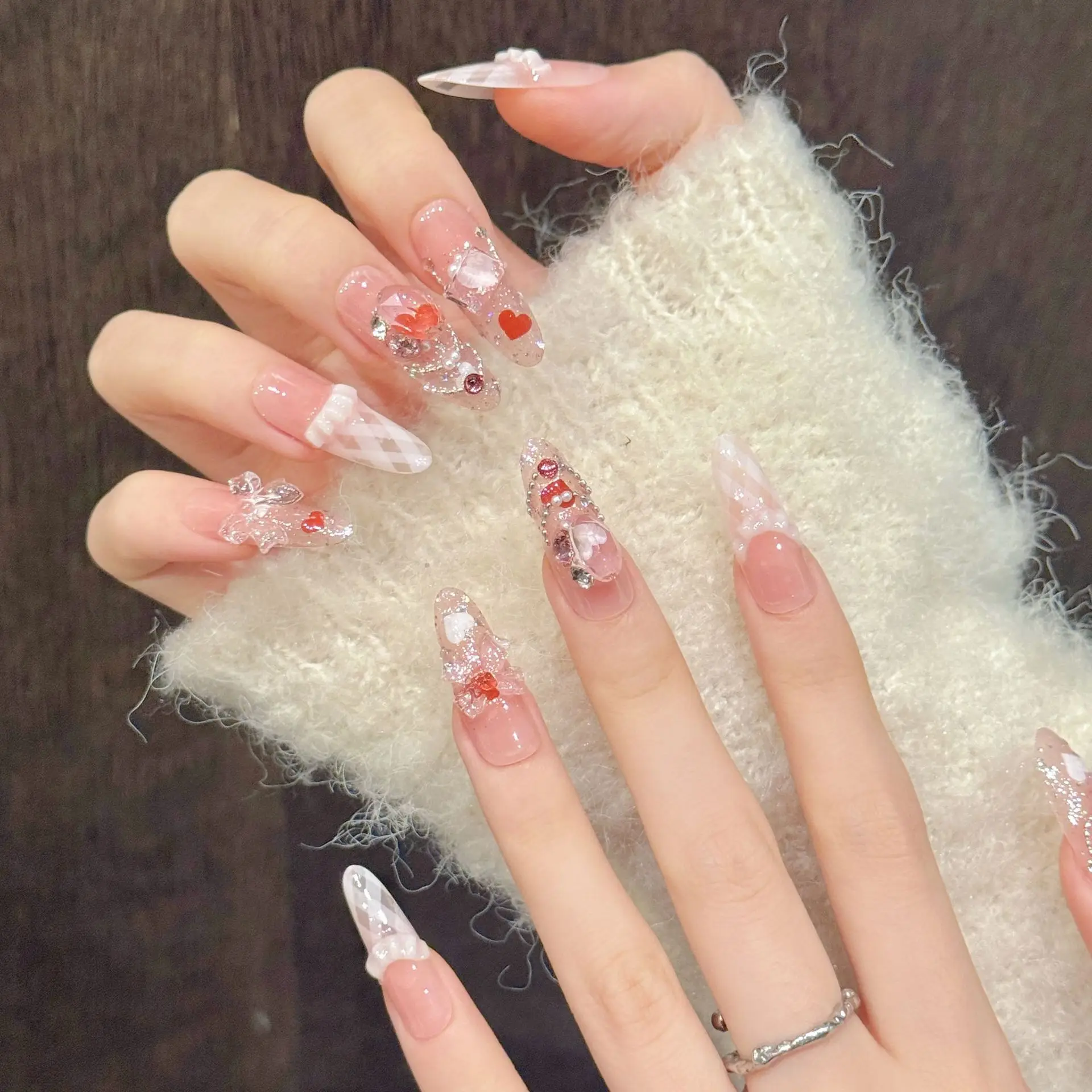 24 stuks glitter paars handgemaakte kunstnagels kunst strass ontwerp ovale nep nagel cat's eye tips druk op nagels draagbare manicure