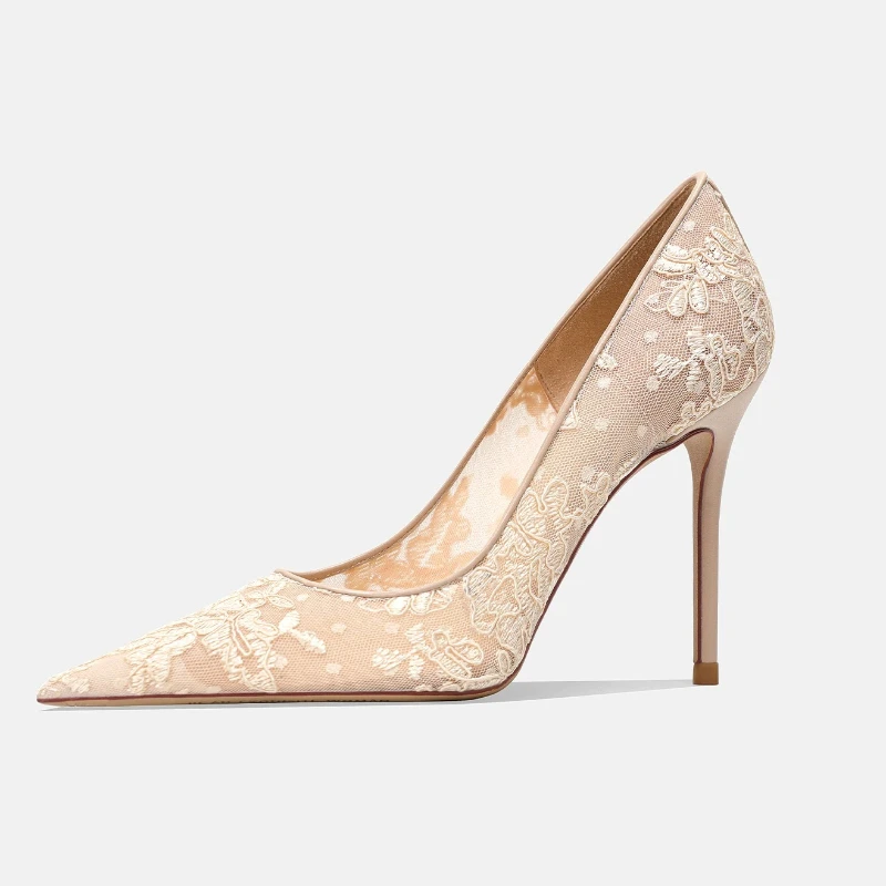

Yuejinlong Exquisite Champagne Lace Mesh High Heels French Style Pointed Toe Stiletto Bridal Wedding Party Shoes 2026