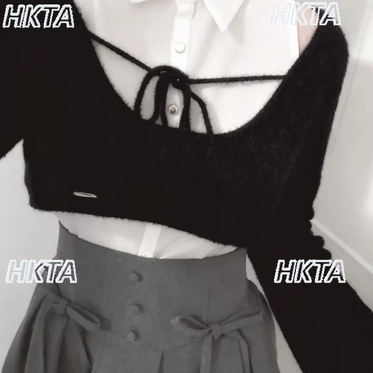 

Sweet Autumn Winter Loose Casual Lapel Sleeveless Shirt Plush Knitted Sweater Short Top Black Sweater Two Pieces Sets Women