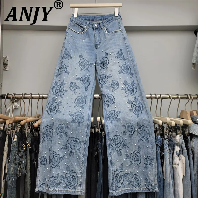 

ANJY Autumn New Women Jeans Heavy Craft Beaded Embroidery Denim Slimming Elegant Stylish Versatile Vintage Wide Leg Pants A10156