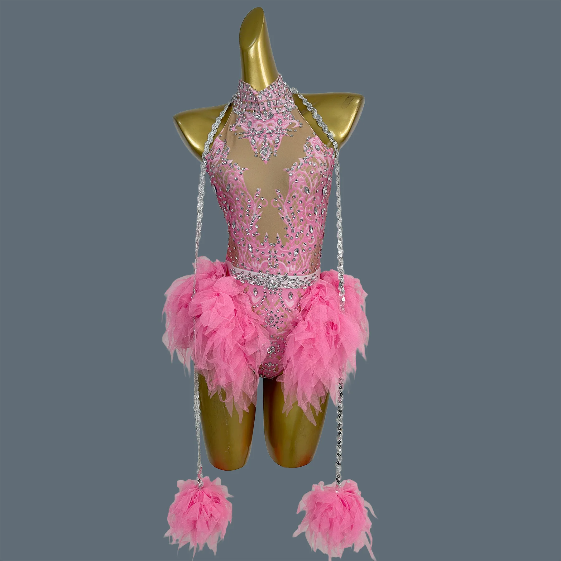 Party Rose Red Floral Rhinestone Halter Mesh Bodysuit Women Crystal Chain Latin Dance Club Stage Show Costume Sexy Wear Pingguo