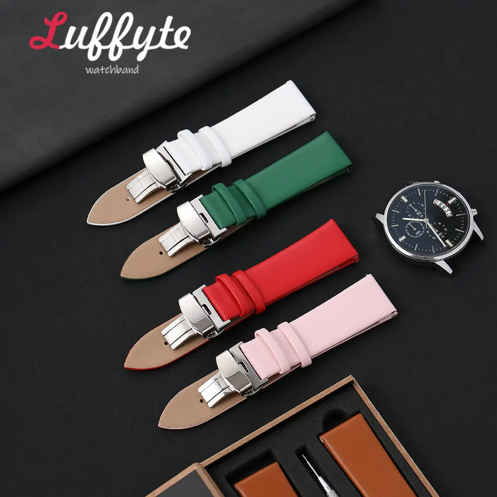 Ultra-thin Men Women Synthetic Leather Watch Strap 18mm 20mm 22mm with Butterfly Clasp Gift Packing Box Business Wristband