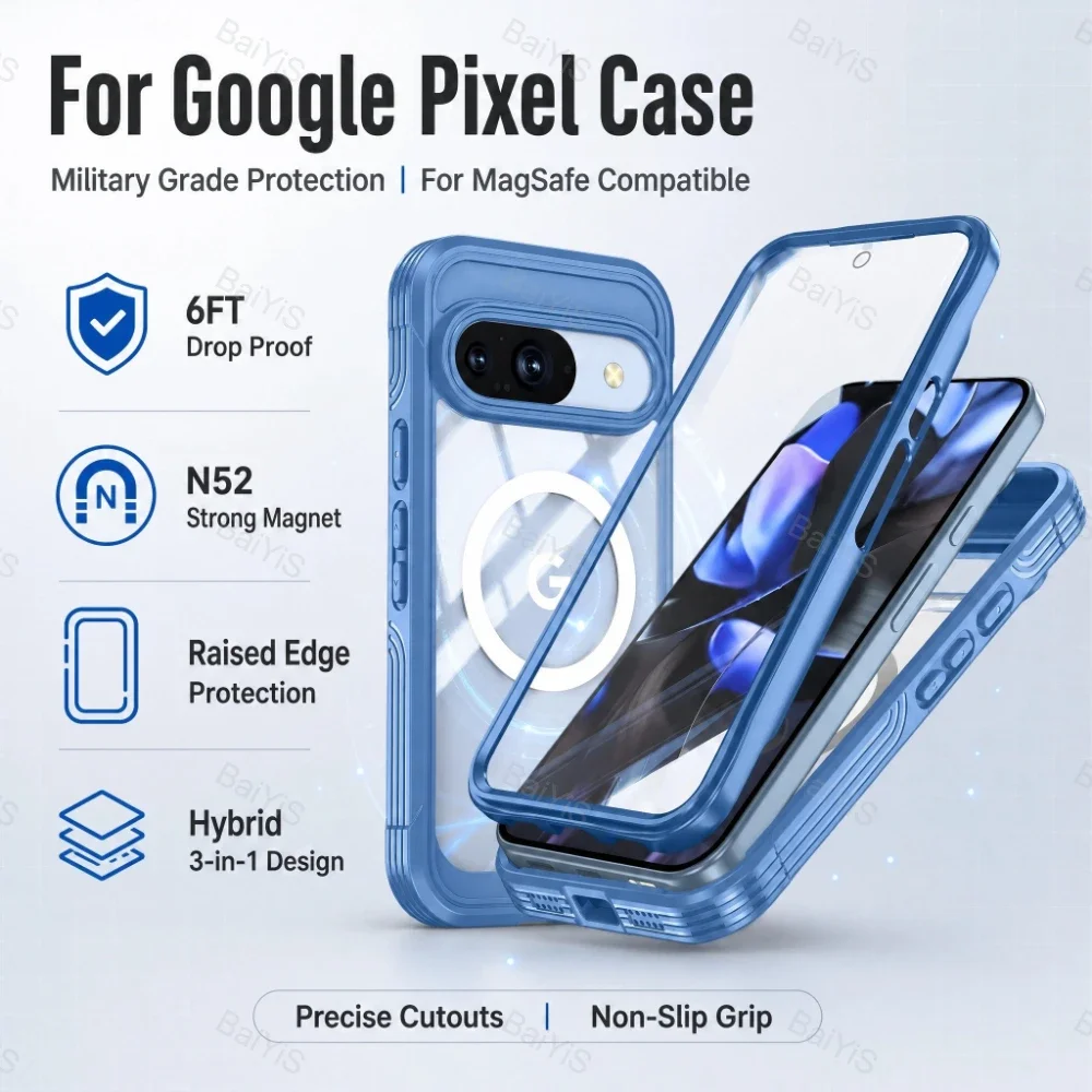 For MagSafe Built-in Screen Protector Raised Camera Bezel Case For Google Pixel 11 10 9 Pro XL 10A 9A Pro 2 IN 1 Clear PC Cover
