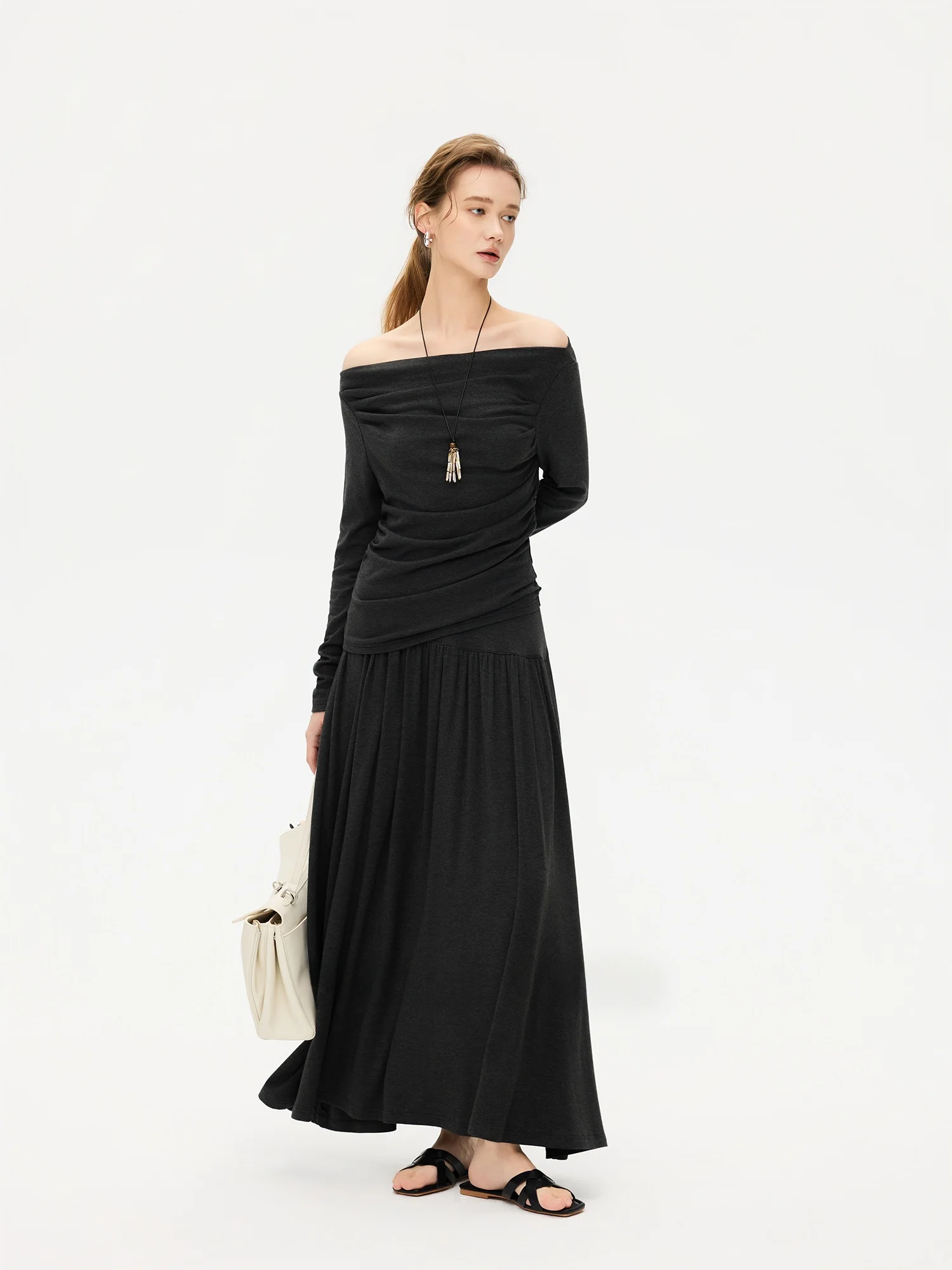 

Elegant Knitted T-Shirt And Skirt Set with Sash Design Casual Workwear Breathable Cotton Blend Long Sleeve One Shoulder Top