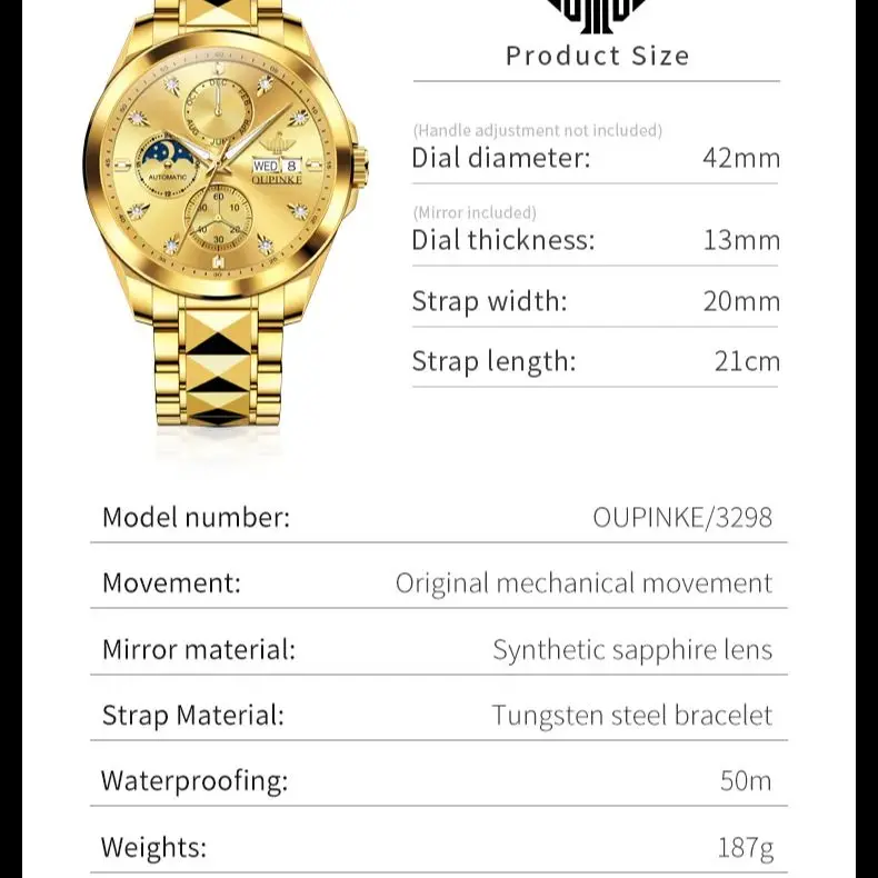 OUPINKE Automatic Mechanical Watch for Men High Quality Diamond Gold Wristwatch Stainless steel Deep Waterproof Moon Phase Watch