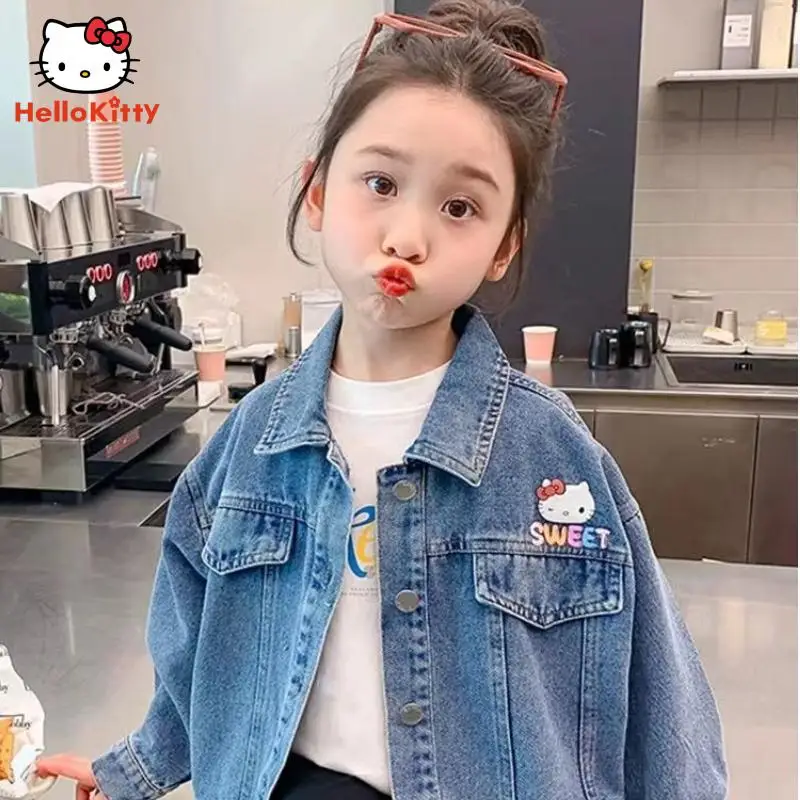 Veste en jean de dessin animé Kawaii pour enfants, Hello Kittile Anime, manteau de loisirs étudiant, cardigan polyvalent, cadeaux pour filles, printemps, automne