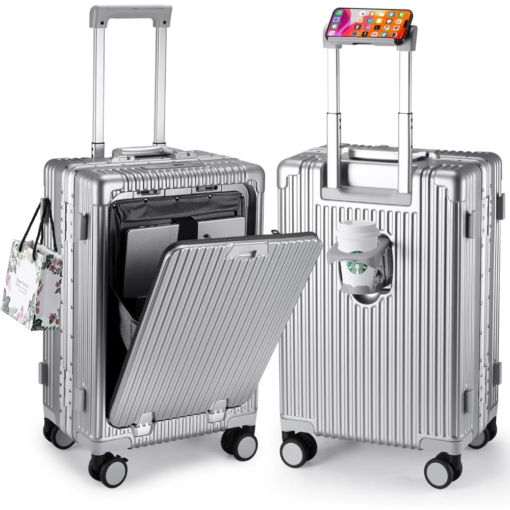 

MRPLUM Front Pocket Carry On Luggage,PC Hardside Spinner Wheel Suitcase with TSA Lock,Cup Holder,Phone Holder&USB Charging Port,