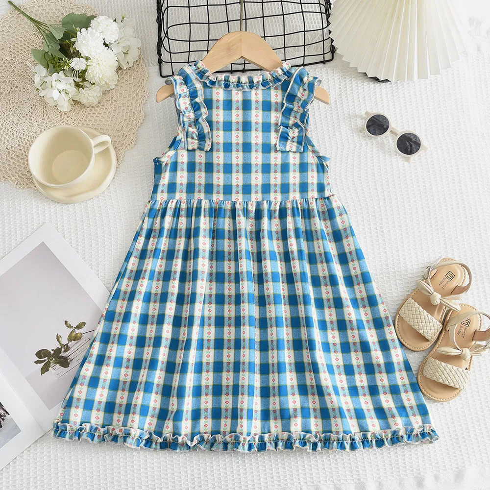 Summer Blue and White Checkered Girls' Casual Clothes Round Neck Single Breasted Sleeveless Lace Princess Dress Korean Version