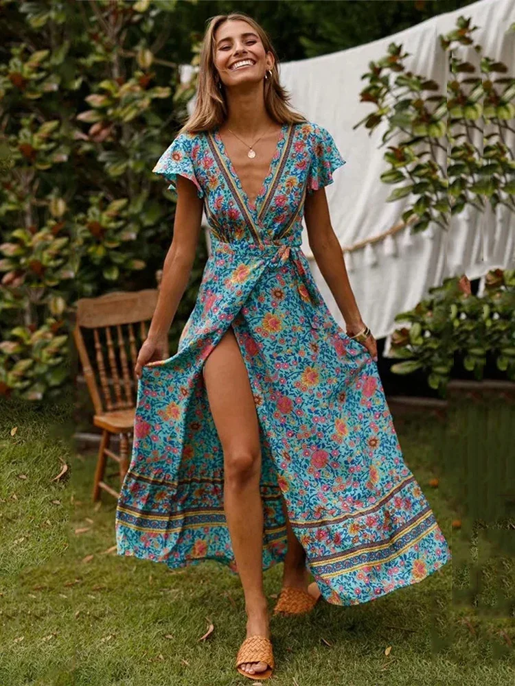 

Vintage Women Floral Print Bat Sleeve Beach Long Bohemian Sundress Ladies Sexy V Neck Summer Boho Dress Party Sundress 2023