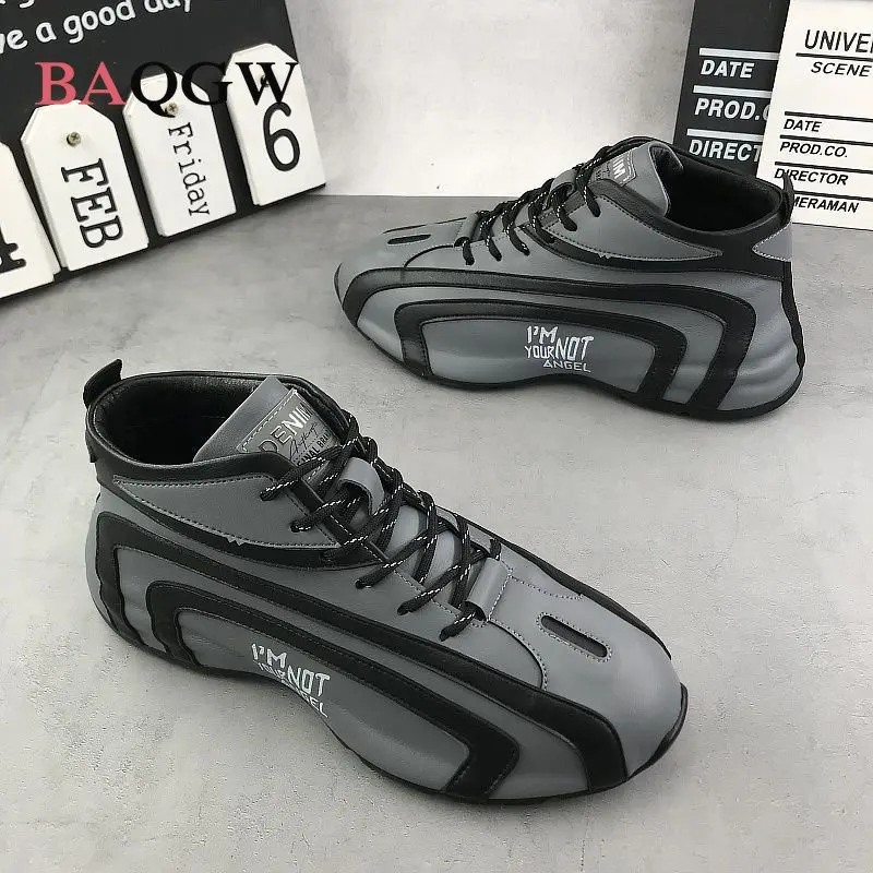 Men Shoes Casual Fashion Leather Waterproof Chunky Sneakers Autum Winter Striped Design High Top Increased Platform Running Shoe