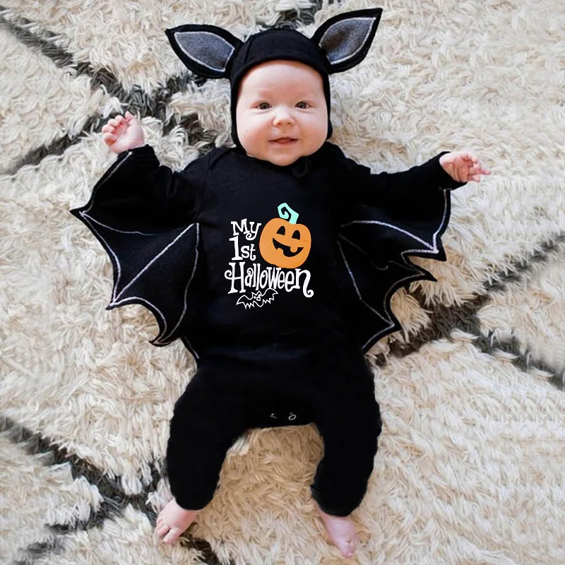 Halloween Bat Shape Romper Jumpsuit for Baby Black Animal Style Infant Outfit Long Sleeve Daily Wear Birthday Party Bodysuits