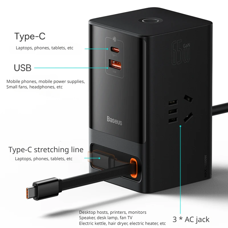 Imagem -05 - Baseus-carregador de Mesa Multifuncional Torre de Carregamento Rápido Plugue Retrátil Usb tipo c para Laptop Telefone Carregador Rápido 65w