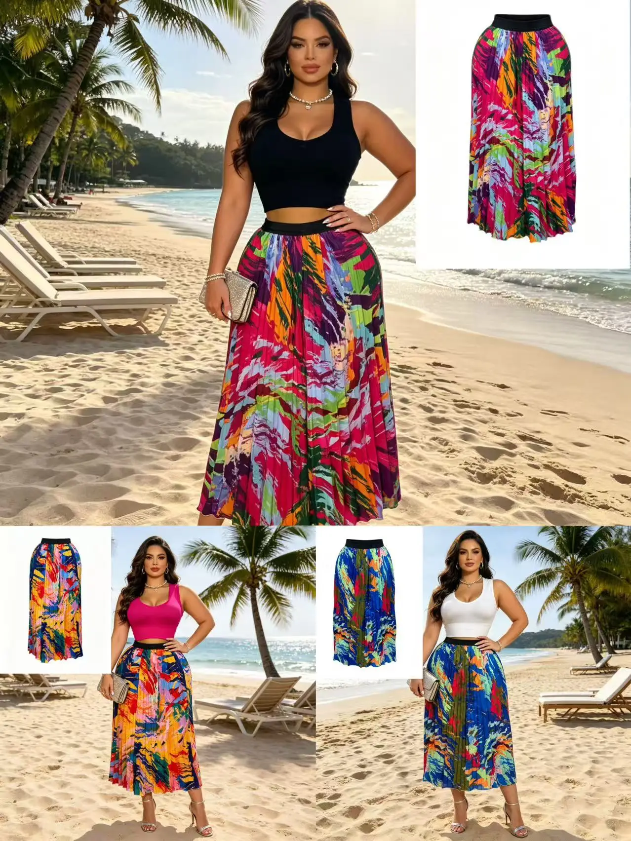 Women's plus Size Color Block Printed Skirt Trendy 2026 New Skirt Casual High Waist A-Line Skirt