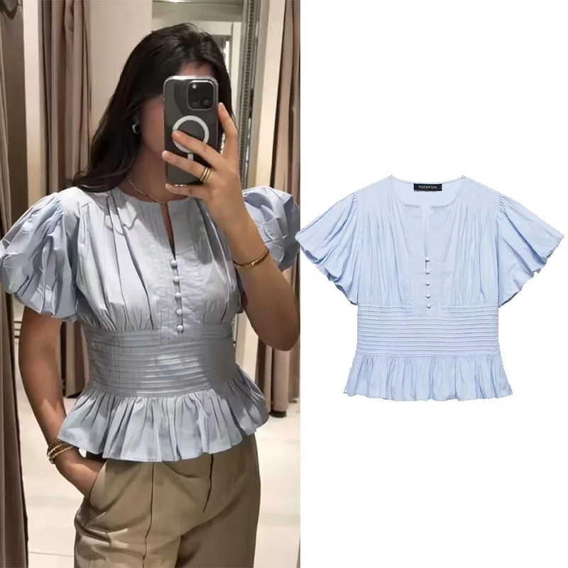 

Women's Pintuck Blouse Spring Summer Vintage O Neck Puffed Short Sleeve Button Women Shirts & Blouses Simple Lady Tops