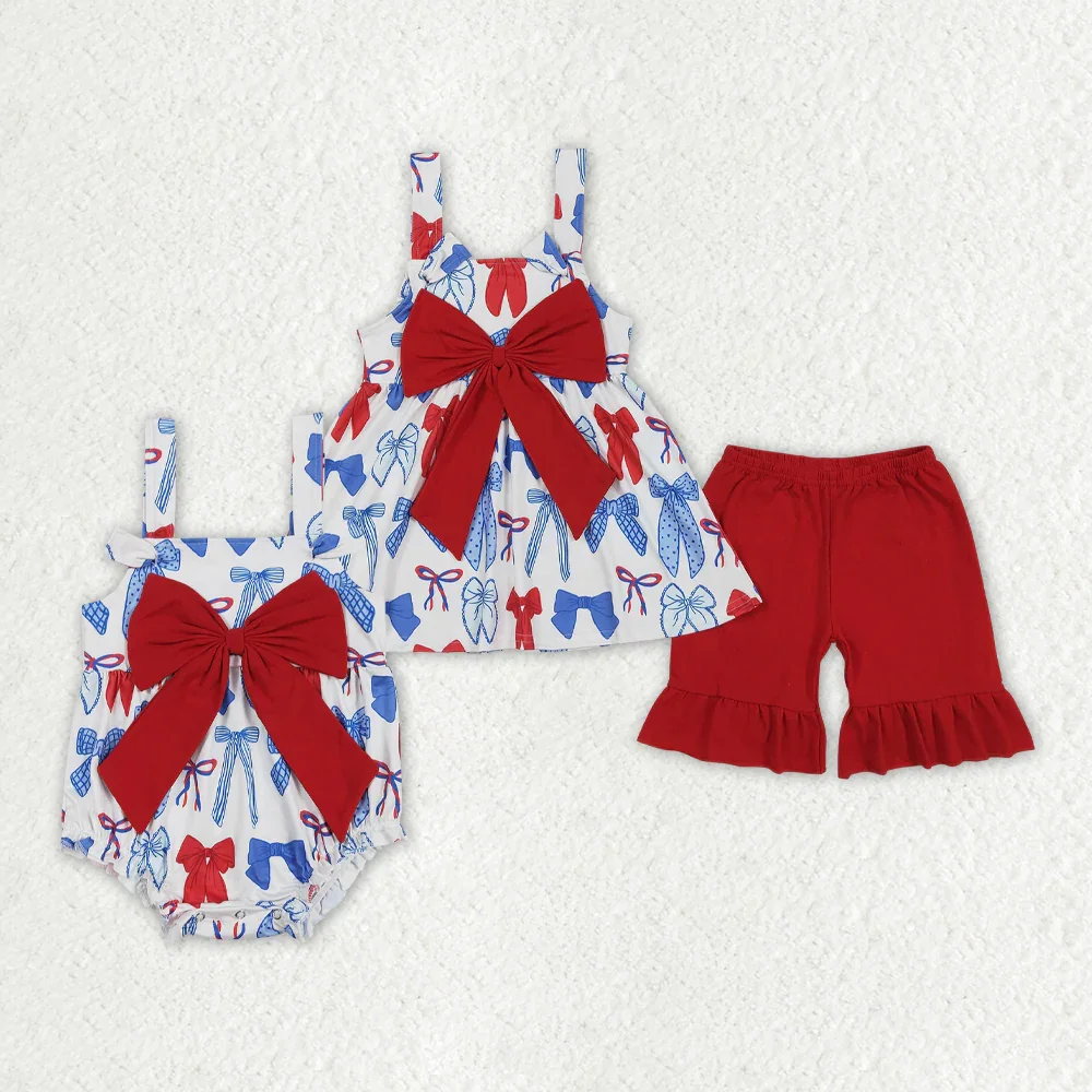 

GSSO1952 Wholesale baby girl clothes National Day bow pattern red lace sleeveless shorts sets Boutique kids clothes girl sets