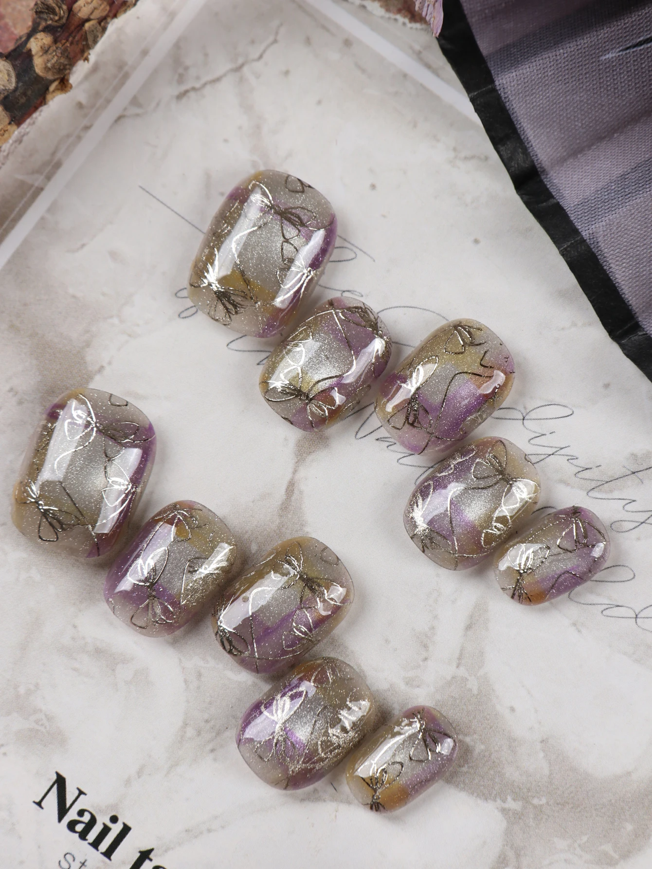 10Pcs Press on Nails  short Silver bow tie Purple  yellow nail art Fake Nails Includes 1 Sheet Adhesive Tabs & 1 Pc Mini File