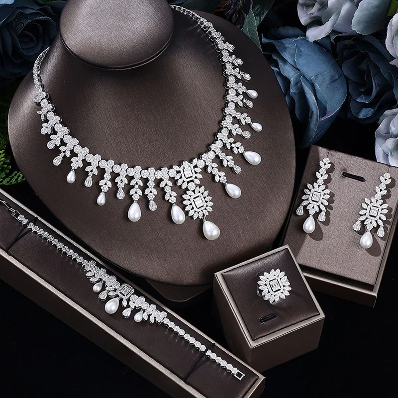 Women's 2024 Trendy Jewelry Sets 4 Piece Zircon Necklace Earring Ring Bracelet with Pearl Element Garment Accessories