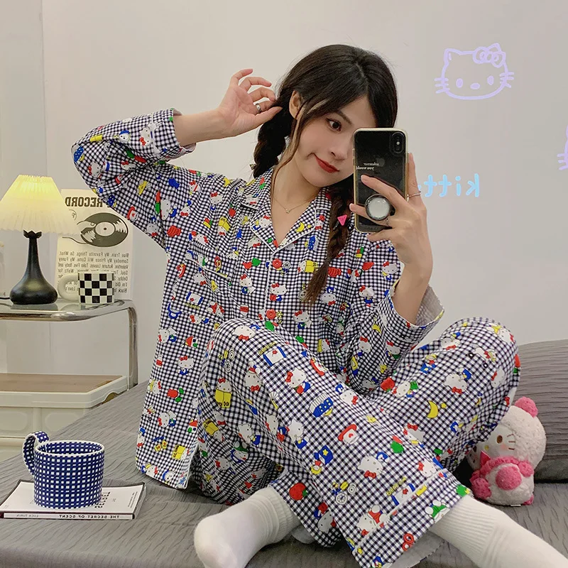 Kawaii Hello Kitty Plaid Pajamas Suit Spring Autumn Long Sleeve Pajamas Women Anime Sanrio Kitty Cat Home Nightwear Loungewear